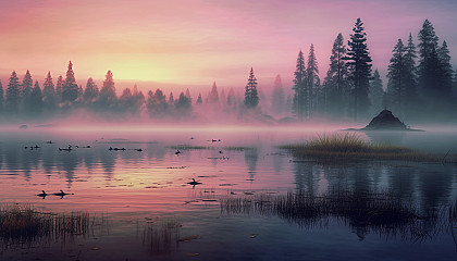 Mist rising from a serene lake at dawn.