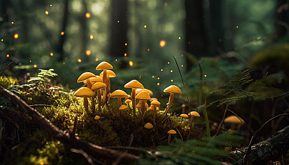 Mushroom clusters thriving in a dense forest floor.