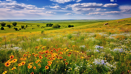 Patches of vibrant wildflowers in a prairie landscape.