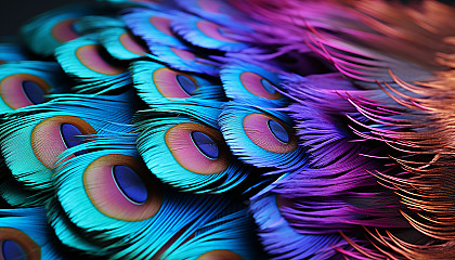 A magnified view of the iridescent scales on a peacock feather.