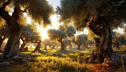 A grove of ancient olive trees in a sun-drenched landscape.