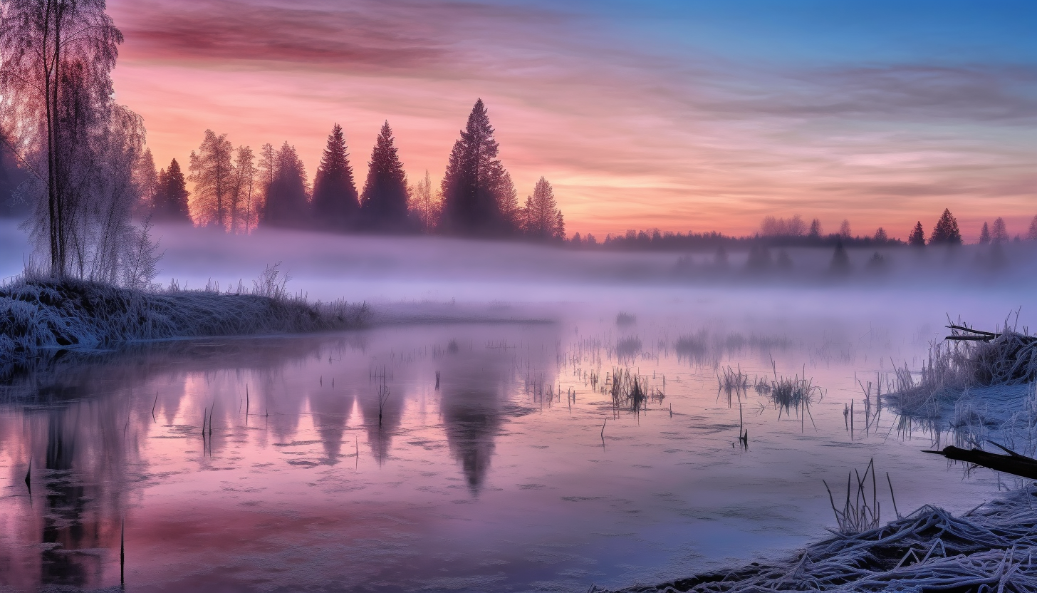 A thick blanket of fog hovering over a lake at dawn.