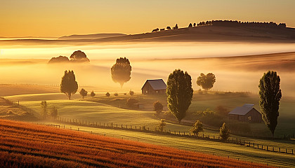 Morning mist rolling over peaceful farmlands.