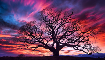 A silhouetted tree against a colorful sunset sky.
