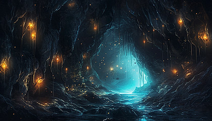 A constellation of glowworms illuminating a dark cave.