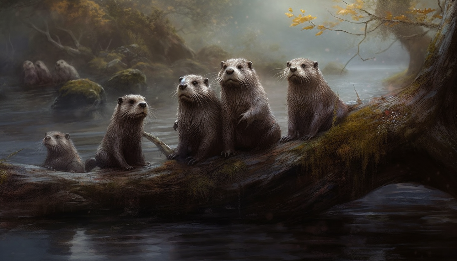 A family of otters playing by a riverside.