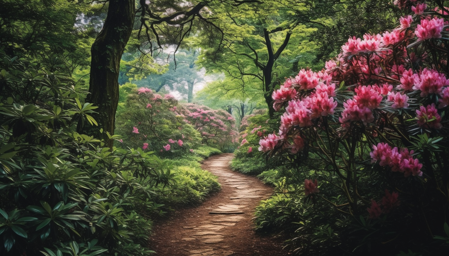 A winding path through dense, vibrant rhododendron bushes.