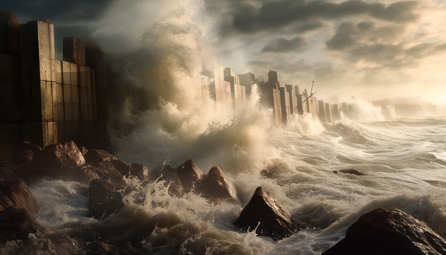 The dramatic clash of the sea with a breakwater.