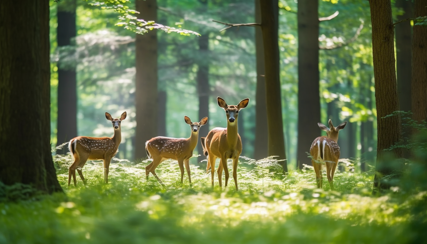 A family of deer grazing in a peaceful meadow.