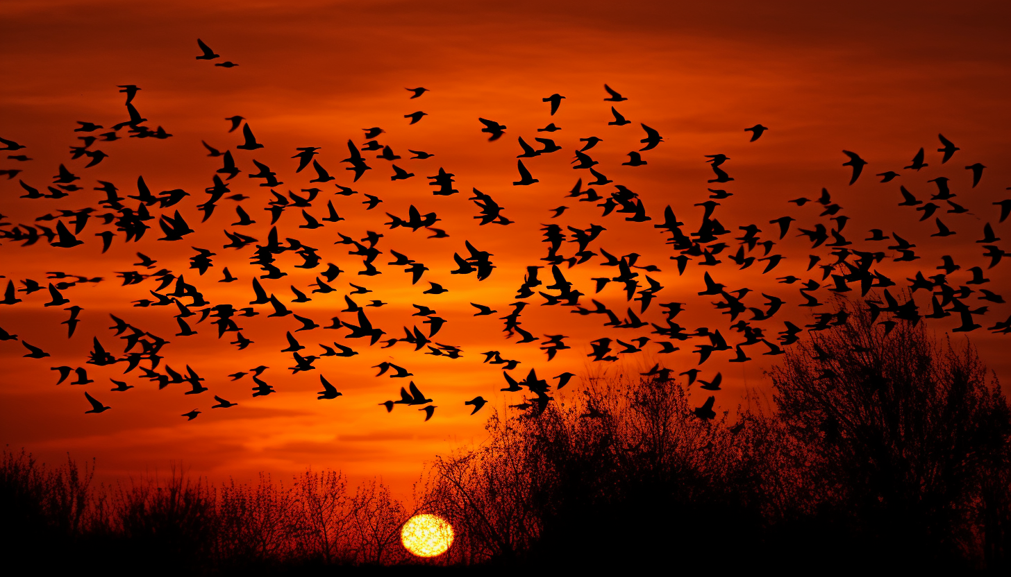 Flocks of migrating birds silhouetted against a sunset.