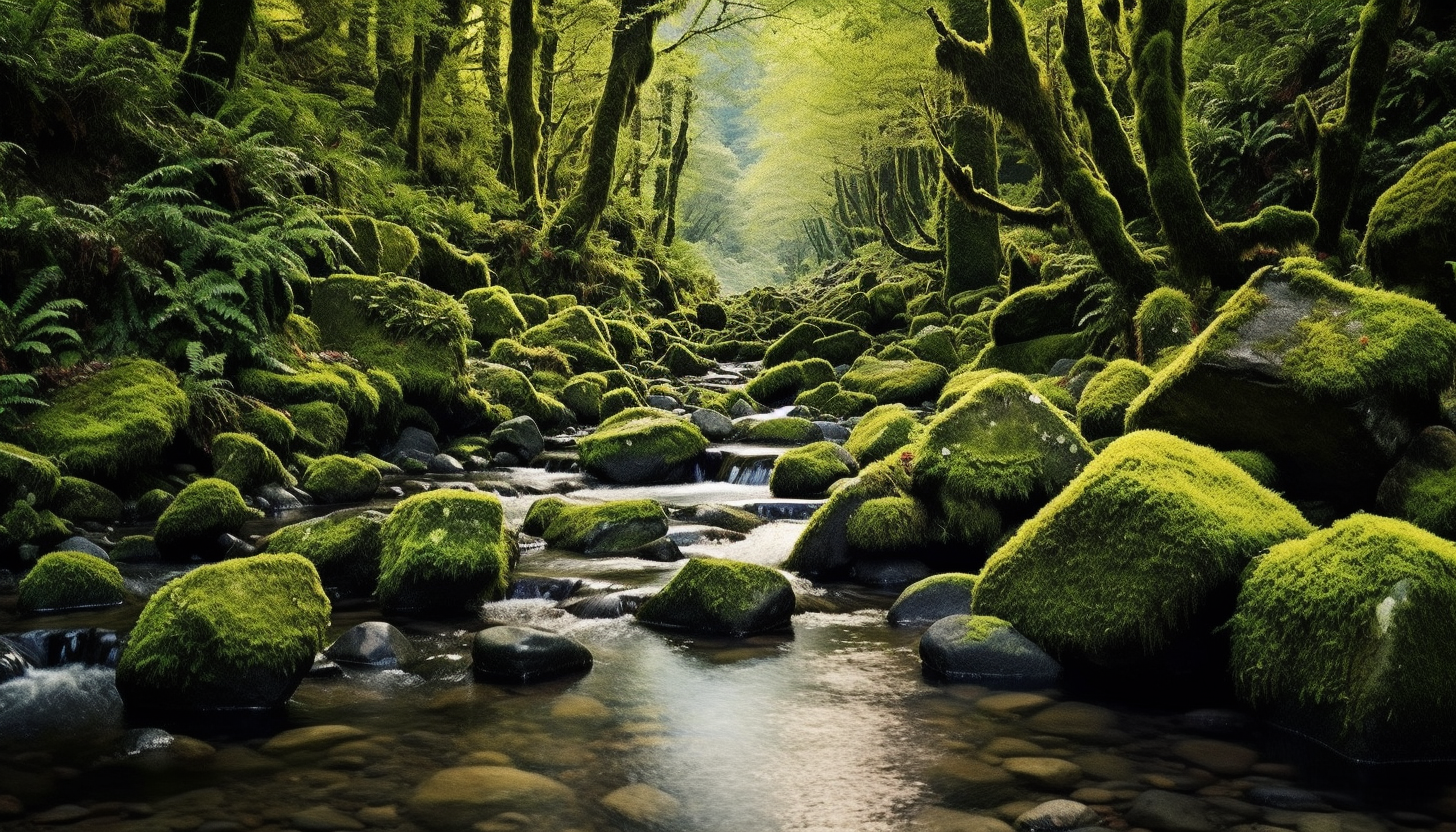 Mossy stones lining a babbling brook in the heart of a forest.