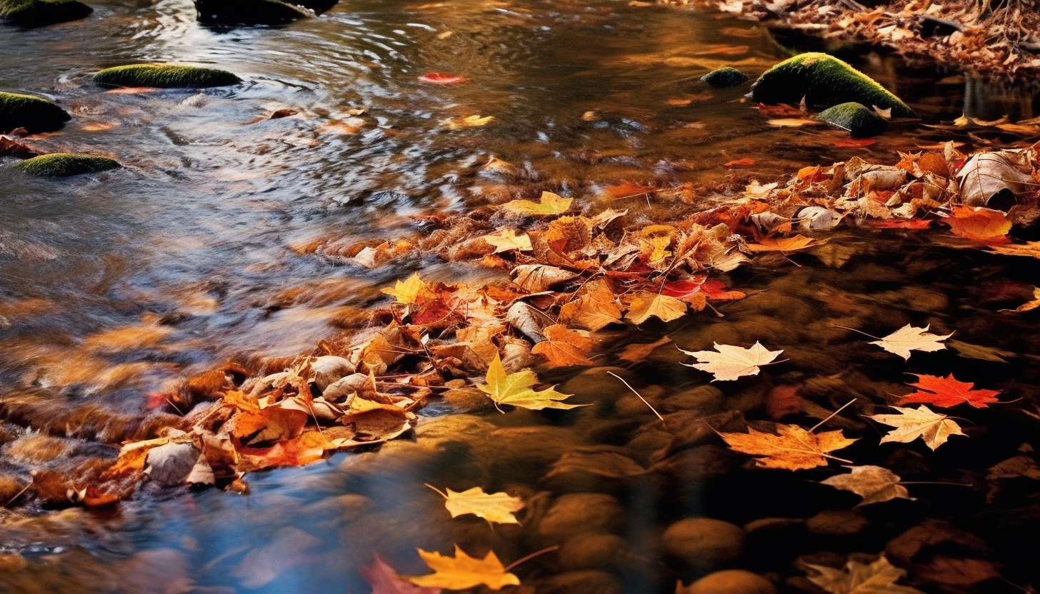 Brightly colored autumn leaves floating down a stream.