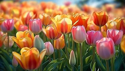 An arch of brilliantly colored tulips swaying in a gentle breeze.