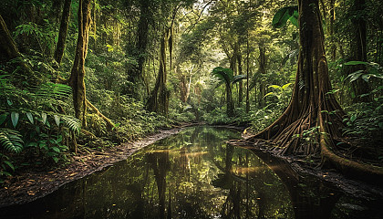 Tropical rainforests teeming with exotic plants, colorful birds, and hidden waterways.