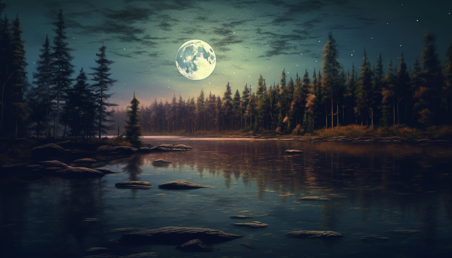 A full moon casting its glow over a serene lake.