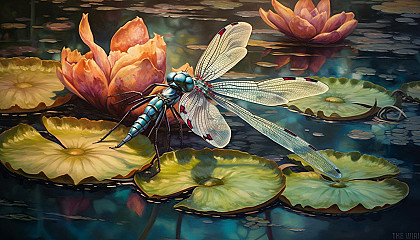 A pair of colorful dragonflies resting on a lily pad.