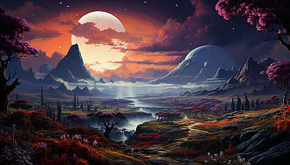 An otherworldly landscape of an alien planet with colorful skies and unusual flora.