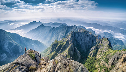 A panoramic view from the peak of a majestic mountain.