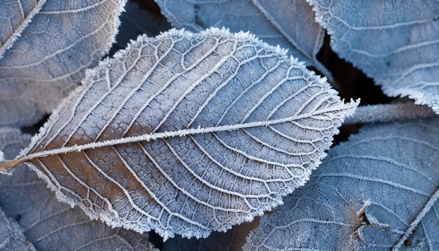 Frost patterns on a leaf during a chilly winter morning.