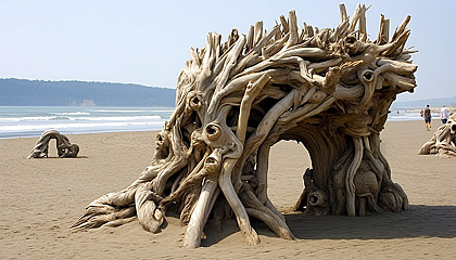 Driftwood sculptures naturally formed on a sandy beach.