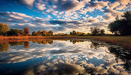 Reflections of clouds moving on the surface of a serene pond.