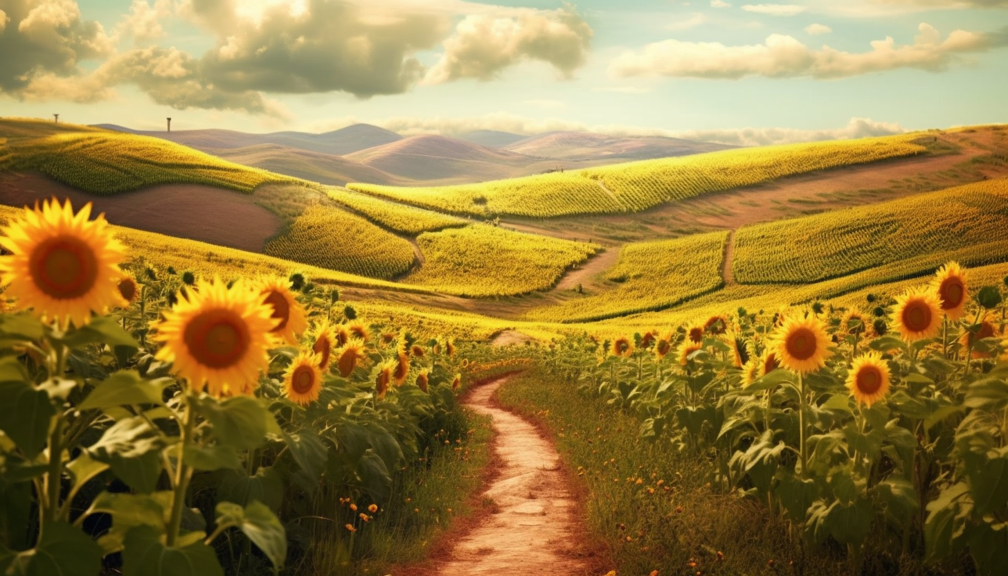 A winding path through a field of tall sunflowers.