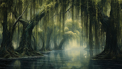 A grove of weeping willows by a calm lake.