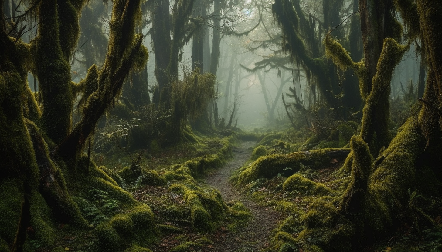 Mysterious fog-shrouded forests with ancient, moss-covered trees.