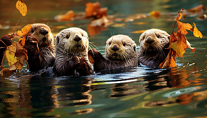 A family of sea otters frolicking in a kelp forest.