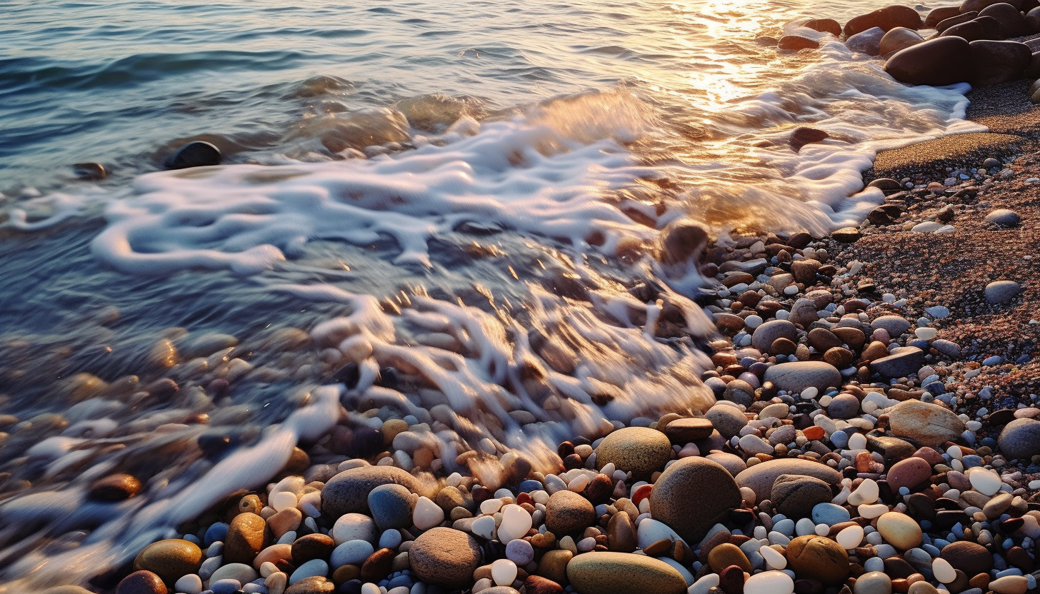 Gentle waves lapping the shore of a pebbled beach.