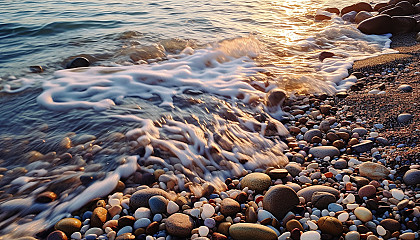 Gentle waves lapping the shore of a pebbled beach.