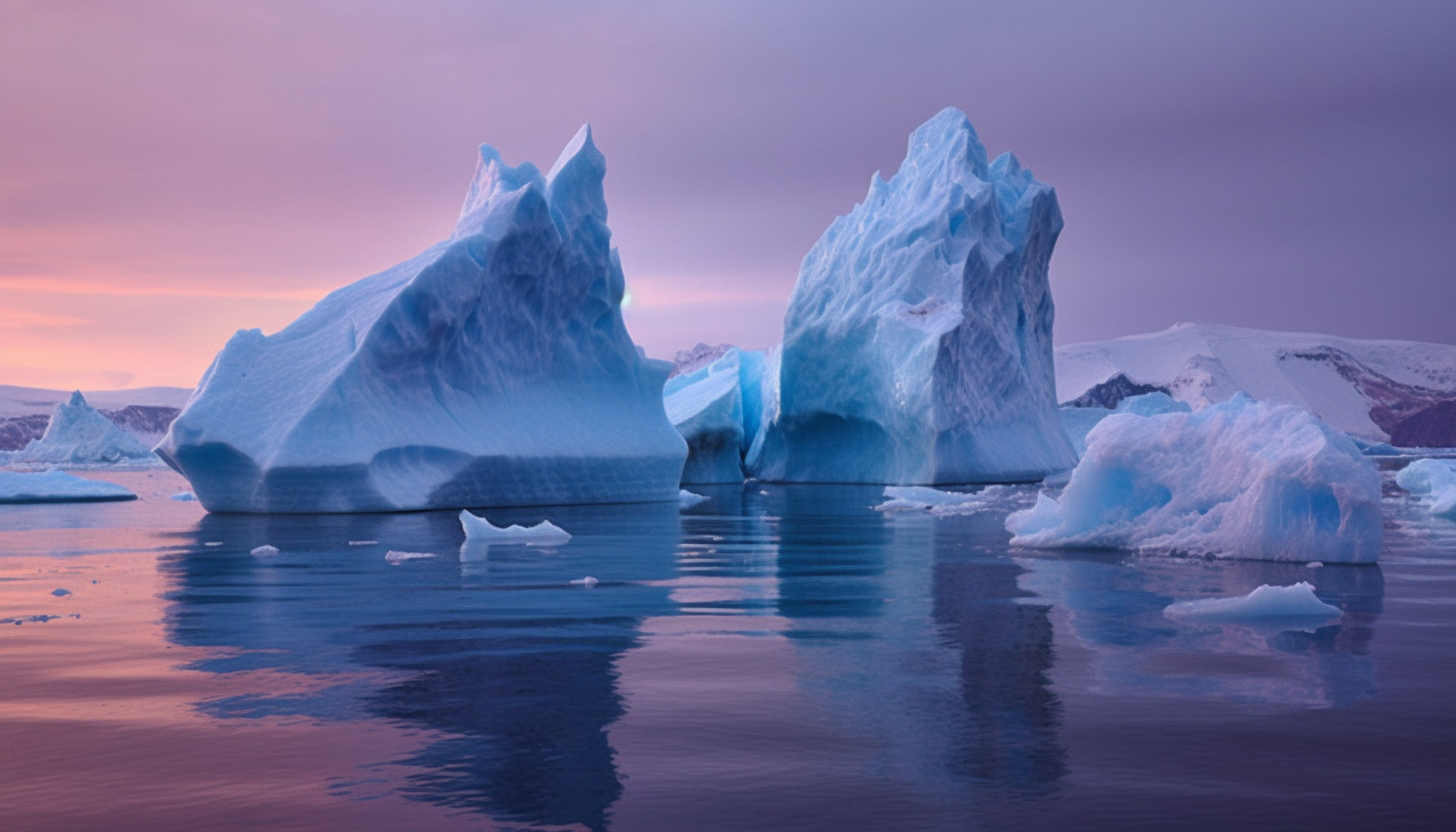 Dramatic icebergs floating in the still, Arctic sea.