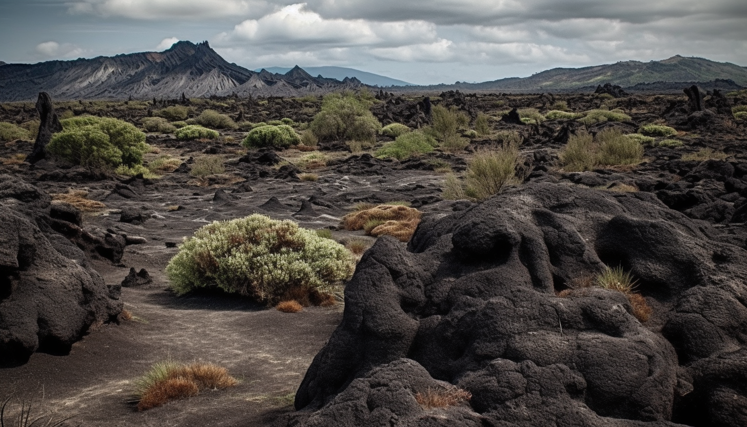 Volcanic landscapes featuring lava flows, ash clouds, and unique rock formations.