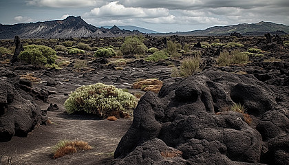Volcanic landscapes featuring lava flows, ash clouds, and unique rock formations.