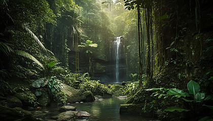 Serene waterfalls hidden within lush, green jungles.