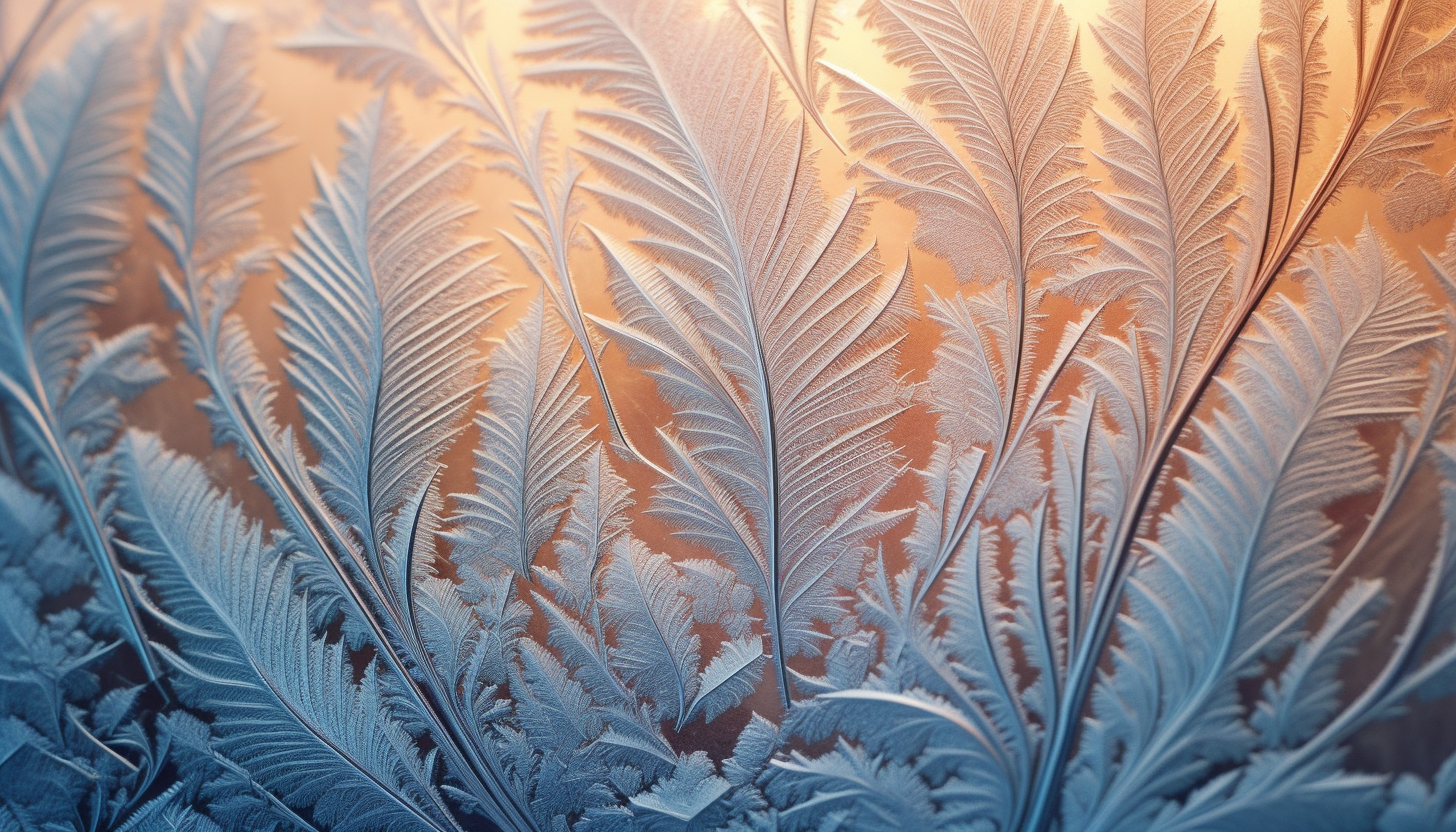 Delicate frost patterns on a window during a chilly morning.