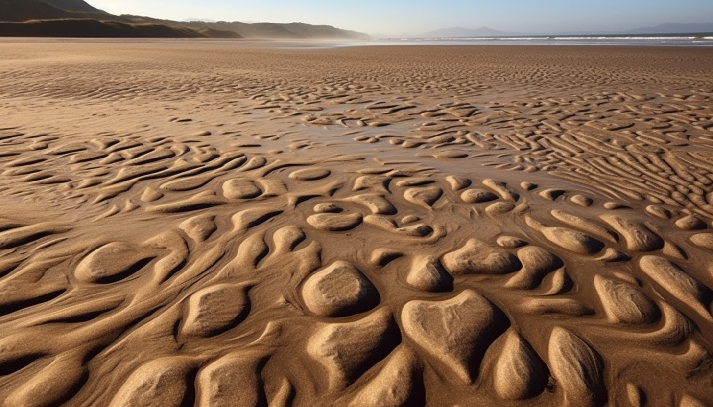 Sand patterns left by the retreating tide on a beach.