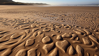 Sand patterns left by the retreating tide on a beach.