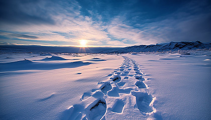 Footprints leading the way through a pristine snowfield.