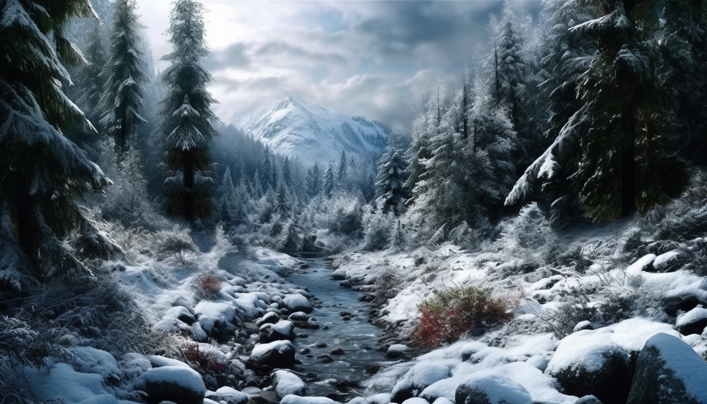 Fresh snowfall covering a quiet alpine forest.