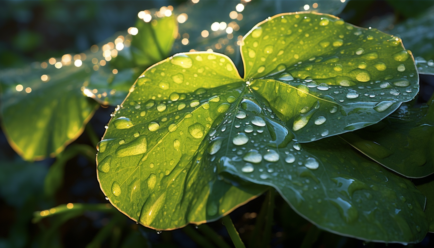 Dew-kissed leaves shimmering in the morning sunlight.