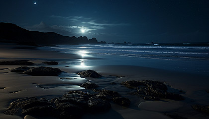 Moonlit nights illuminating tranquil beaches with waves gently lapping the shore.