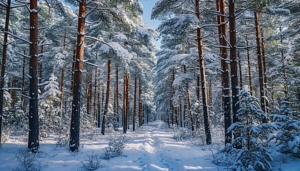 Snow-capped pine trees in a silent winter forest.