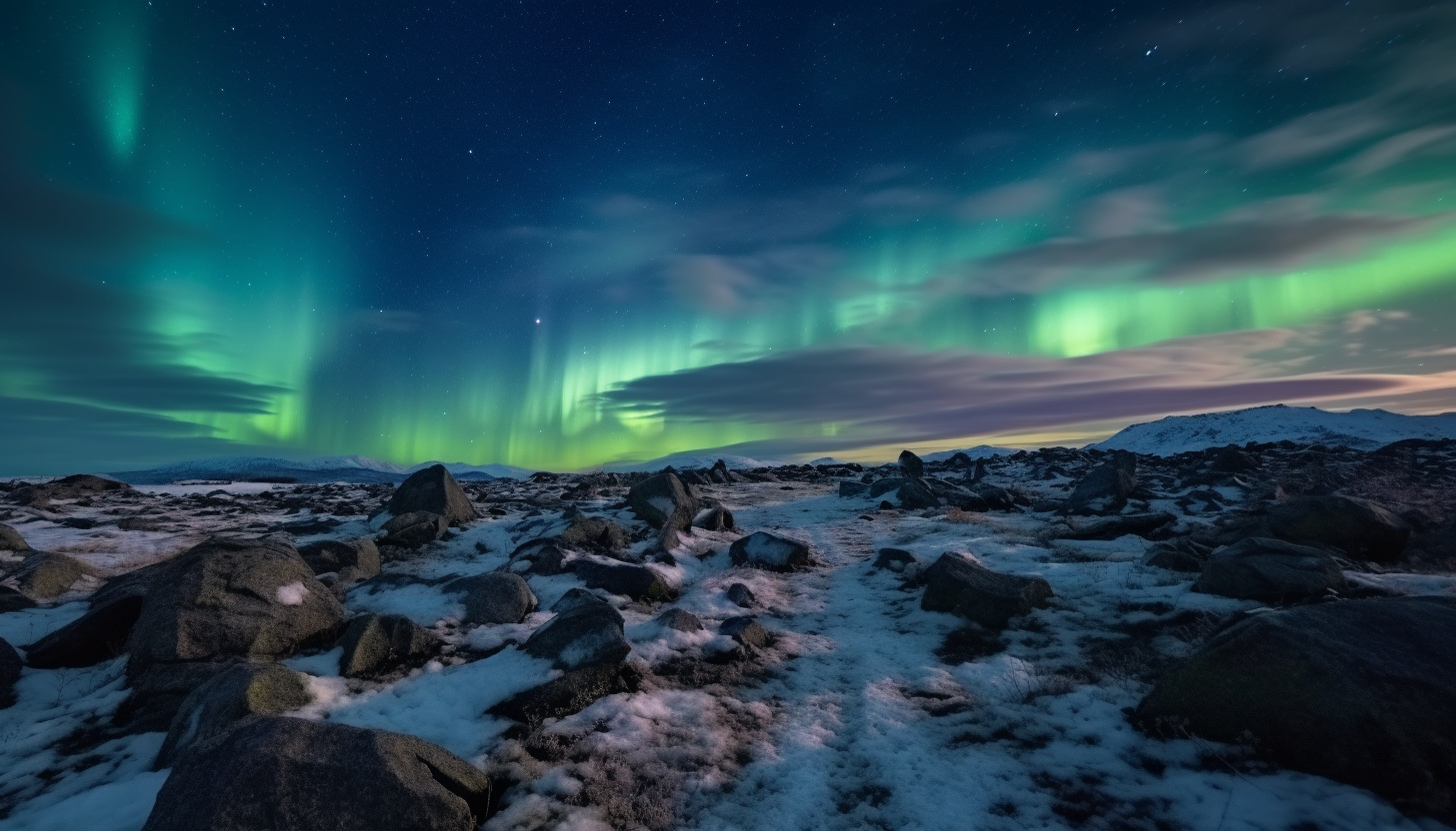 The stark beauty of a barren tundra under the Northern lights.