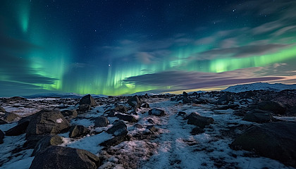The stark beauty of a barren tundra under the Northern lights.