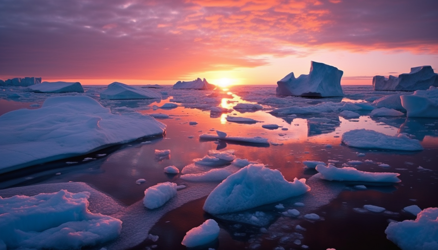 Icebergs floating in a chilly polar sea, under a midnight sun.