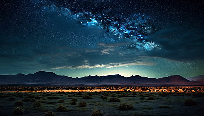 A night sky filled with stars over a tranquil desert landscape.