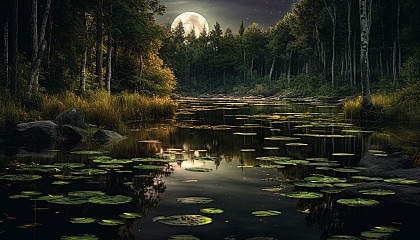Moonlit reflection on a tranquil pond.