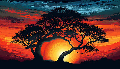 Silhouette of a tree against a vibrant sunset.