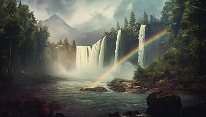 A rainbow arching over a cascading waterfall.